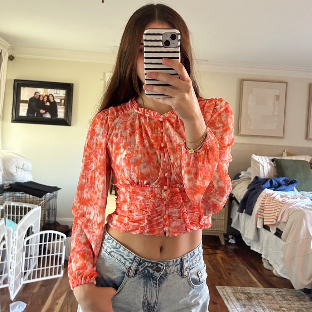 Anthropologie Cropped Colorful Button Up Blouse
